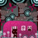 koalas in trees and some bunnies in a pink caravan